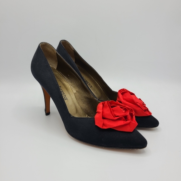 Yves Saint Laurent Shoes - Yves Saint Laurent Vintage Black Matte Satin Red Rose Rosette Heels Pumps